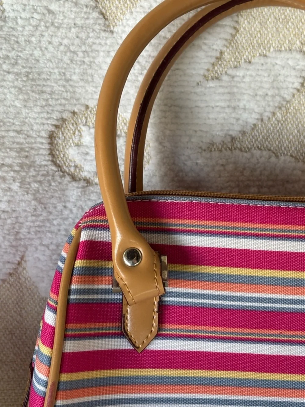 Striped Pink Multi-Color Canvas Satchel with Tan Handles - Picture 2 of 12